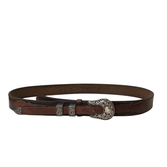 Western Brown Leather Statement Belt With Silver Coloured Hardware Size 38 - Picture 2 of 6